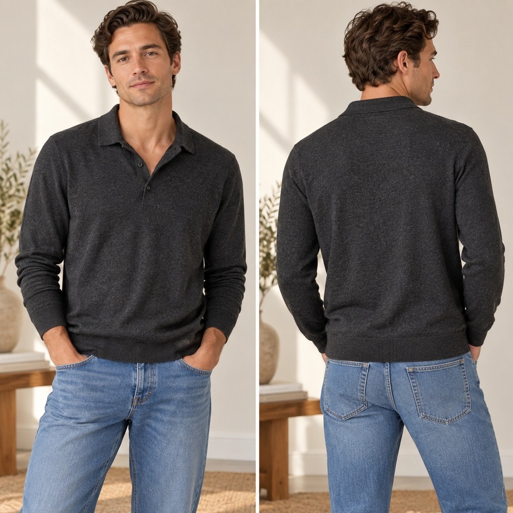 Uniqlo Men Wool Long Sleeve Polo Size L Gray Lightweight Classic Preppy Academia